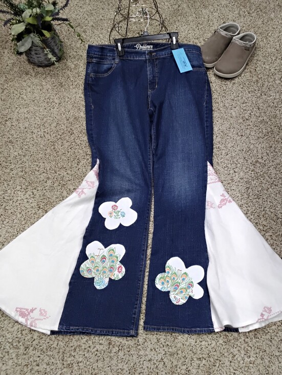 Dreamers Denim - 4018 Size 18 Upcycled Dreamers Old Navy Denim Flare Bells w White Floral Panels
